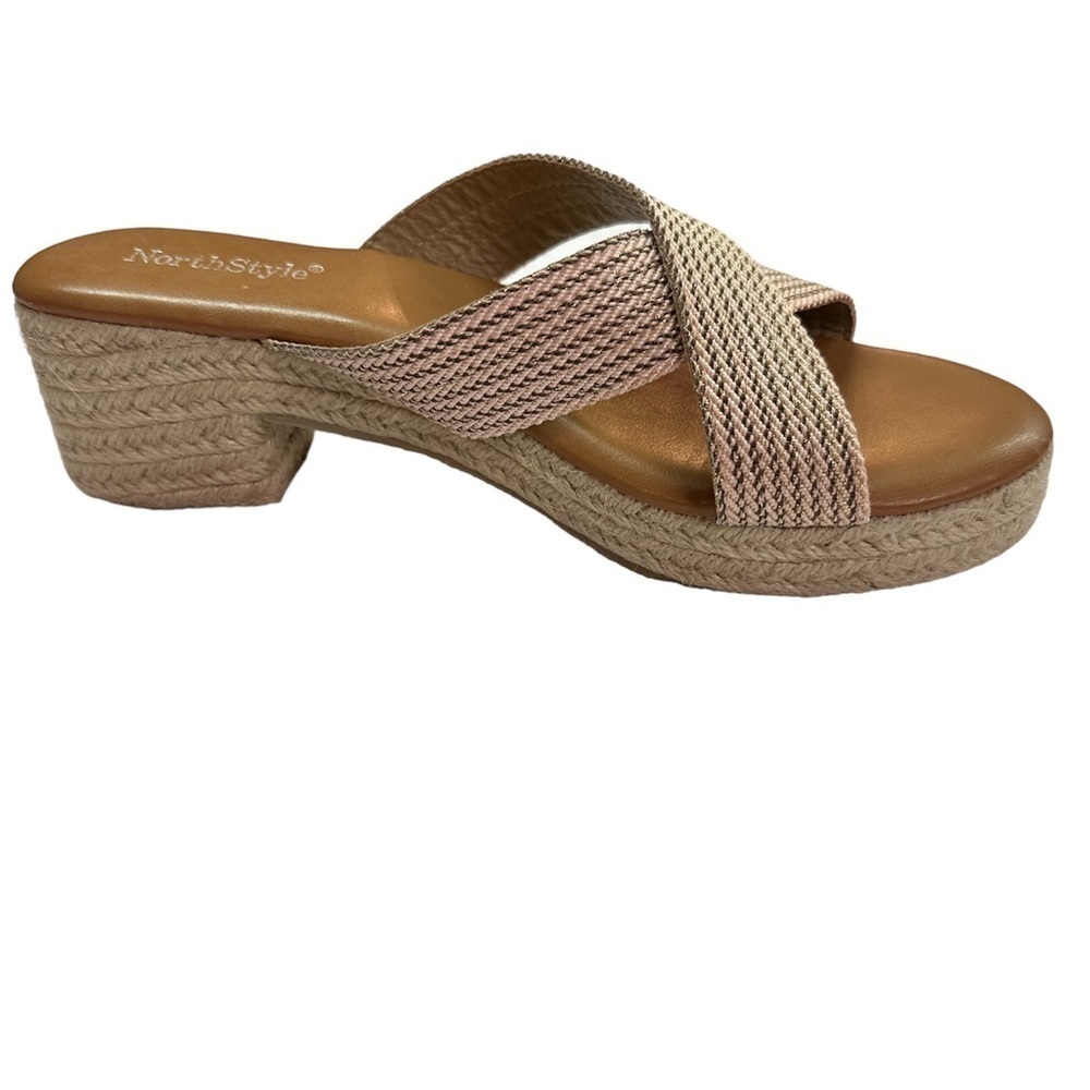 NorthStyle Wedge Block 2” Wedge Espadrille Peach/Shimmer Gold Stitching Size 39
